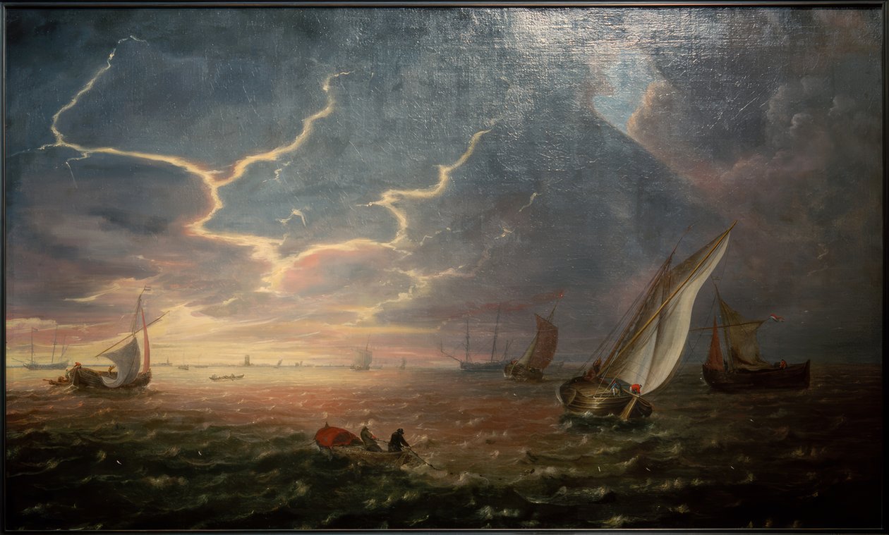 Sejlskibe i hårdt hav ved solnedgang af Jeronimus van Diest