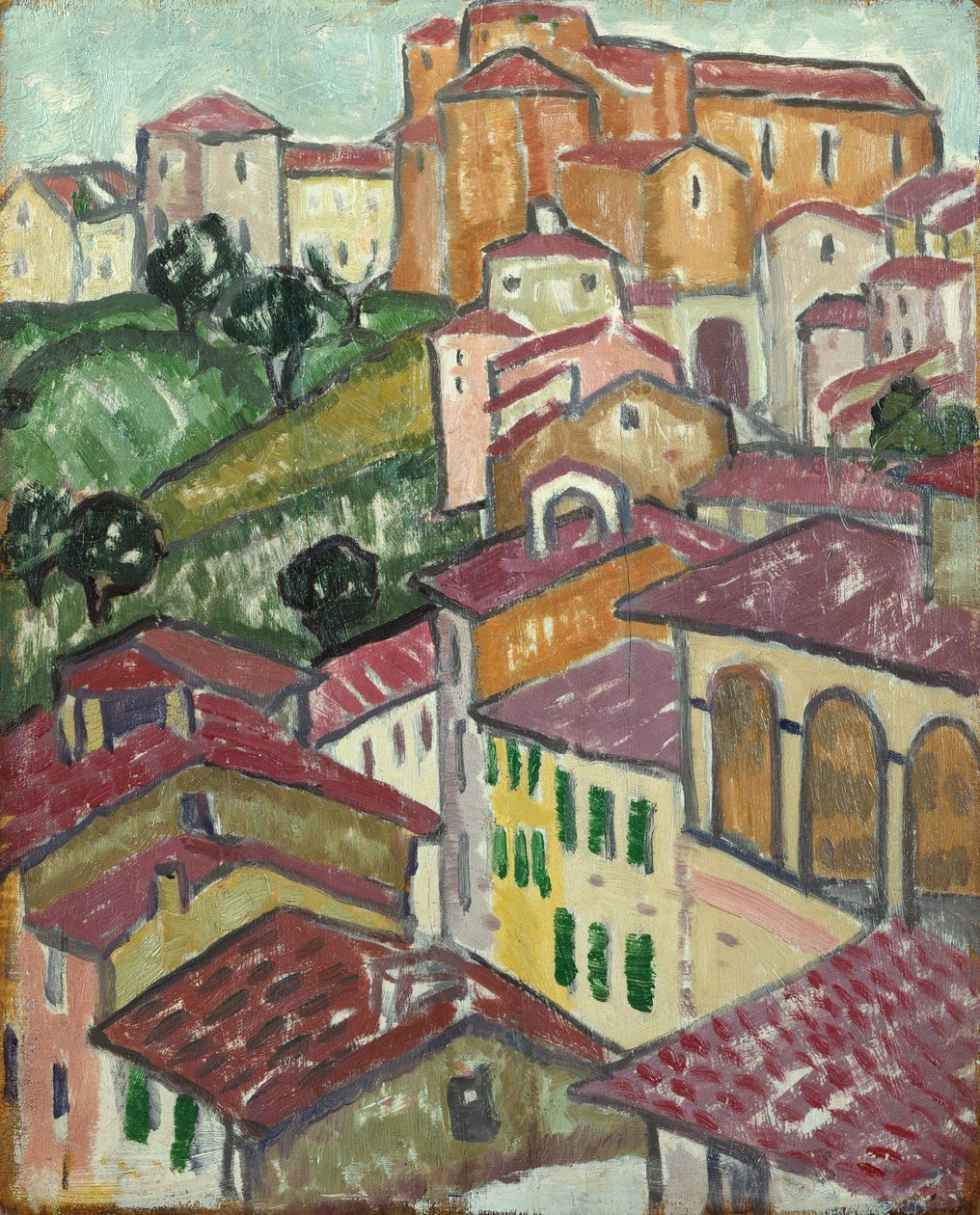 A Sienese Village (olie på panel) af Jessica Stewart Dismorr