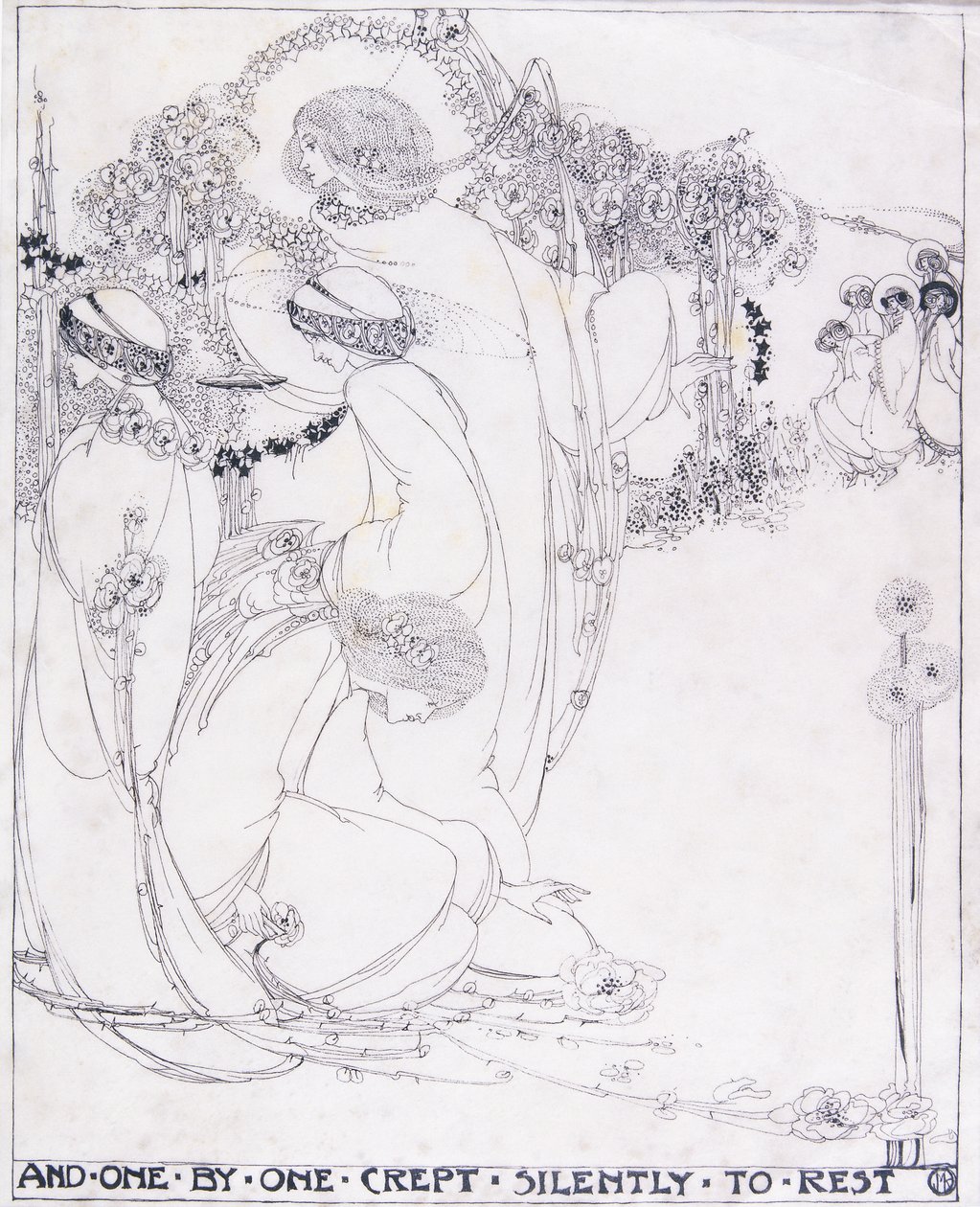 And One by One Crept Silently to Rest, ca. 1902-3 (pen og sort blæk på vellum) af Jessie Marion King