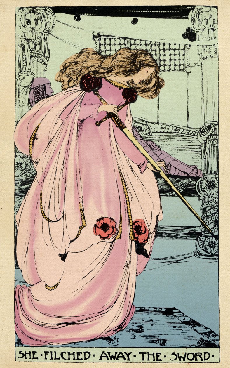 Fairy Morgane stjæler Excalibur, så hans elsker kan bruge den mod kong Arthur. Illustration af Jessie Marion King (1875-1949) til bogen "" The High History of the Holy Grail af Perceval the Welsh, ridder af det runde bord" af Sebastian Evans (1830) af Jessie Marion King