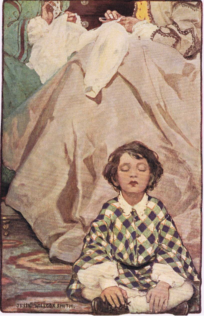 Et barn siddende med kvinder, der syr, fra 