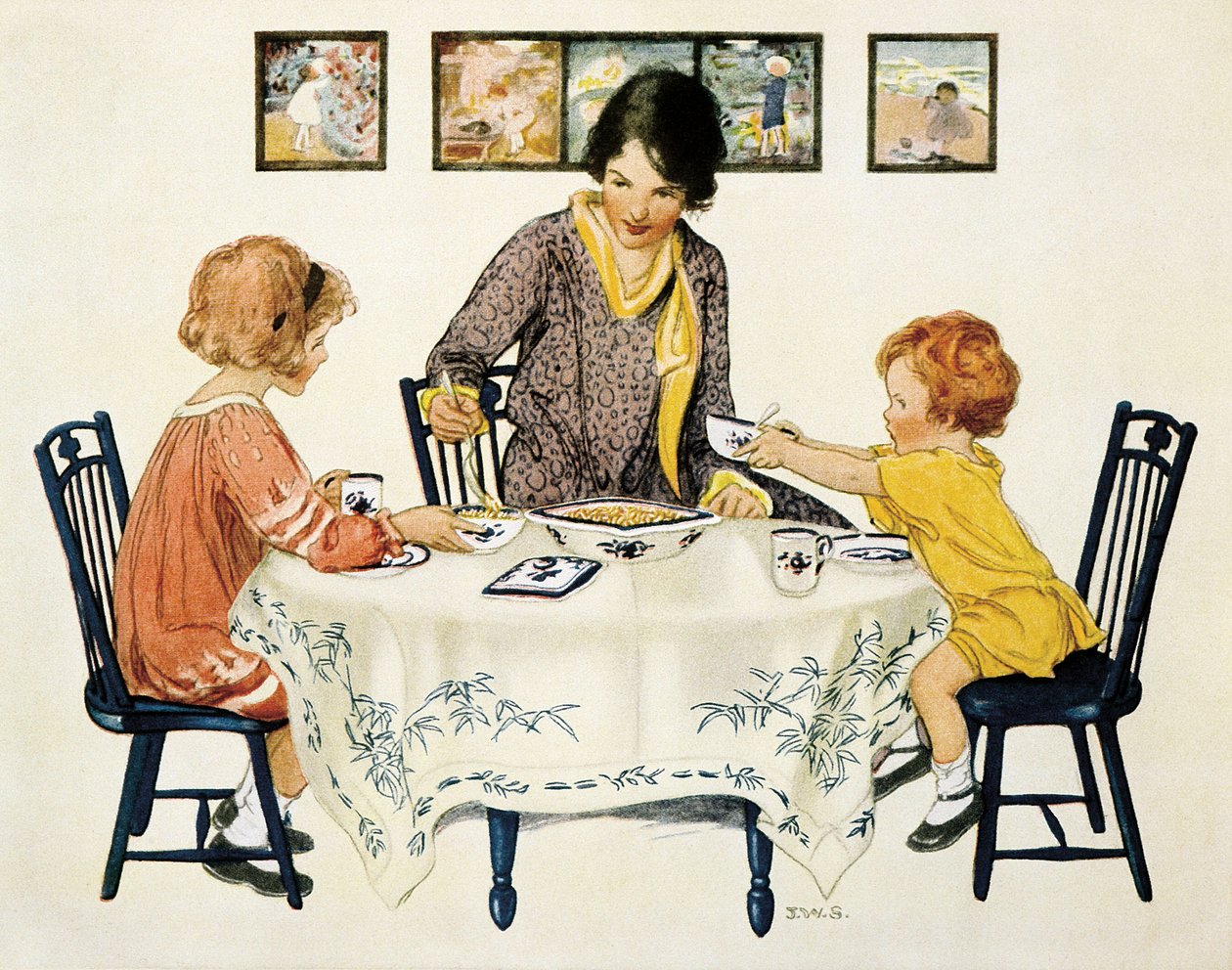 Familie (mor og børn) samlet omkring et bord og spiste pasta af Jessie Willcox Smith
