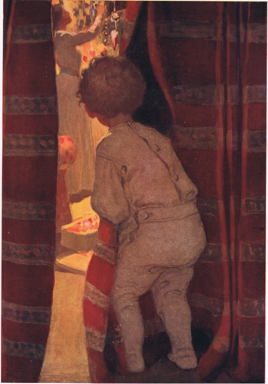 Han krøb nedenunder for at tage et kig i stuen (farve litho) af Jessie Willcox Smith