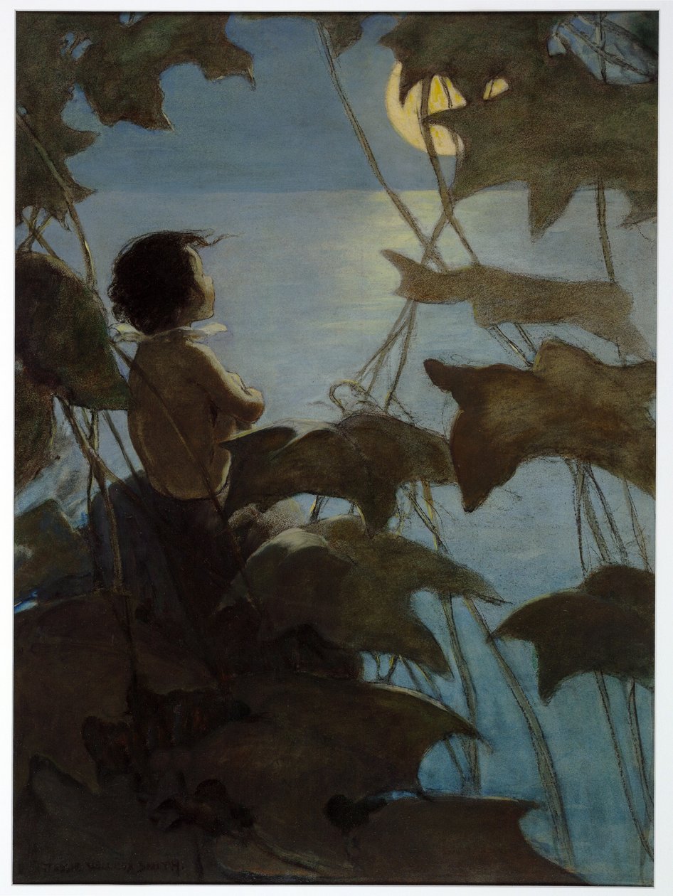 Han så op på den brede gule måne og troede, at hun så på ham, fra The Water Babies af Charles Kingsley, pub. 1916 (farve litho) af Jessie Willcox Smith
