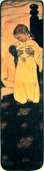 Lille pige med dukke (blyant, akvarel og lak på papir) af Jessie Willcox Smith