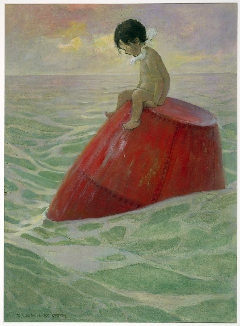 Tom sad på bøjen lange dage, fra The Water Babies af Charles Kingsley, pub. 1916 (farve litho) af Jessie Willcox Smith