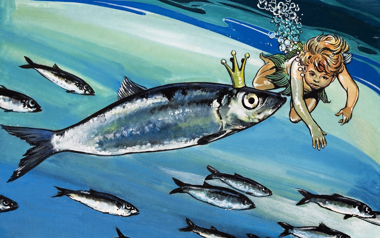 Dreng, der svømmer med en fisk, illustration fra 