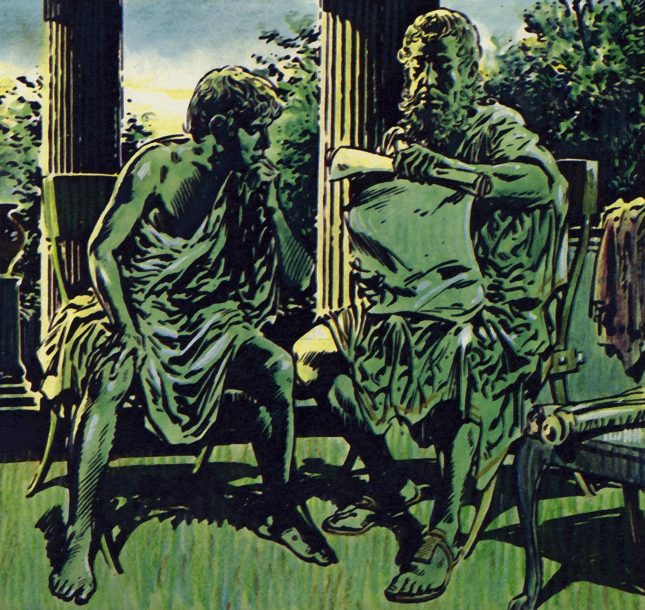 Philip fik Aristoteles til at undervise sin søn (farvelitografi) af Jesus Blasco
