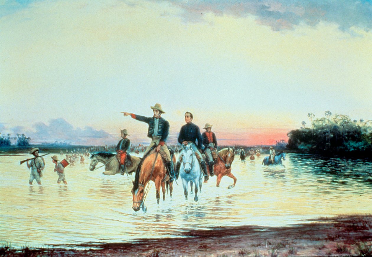 Bolivar og Santander i slaget ved Llanos (olie på lærred) af Jesus Maria Zamora