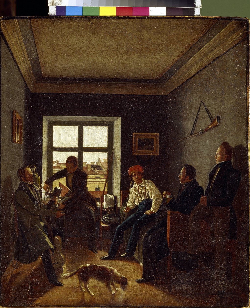 Klokken syv om aftenen (litterær aften). Maleri af Evgraf Fyodorovich Krendovski (1810-efter 1853), olie på lærred, ca. 1820. Russisk kunst af Jevgraf Fiodorovitch Krendovsky