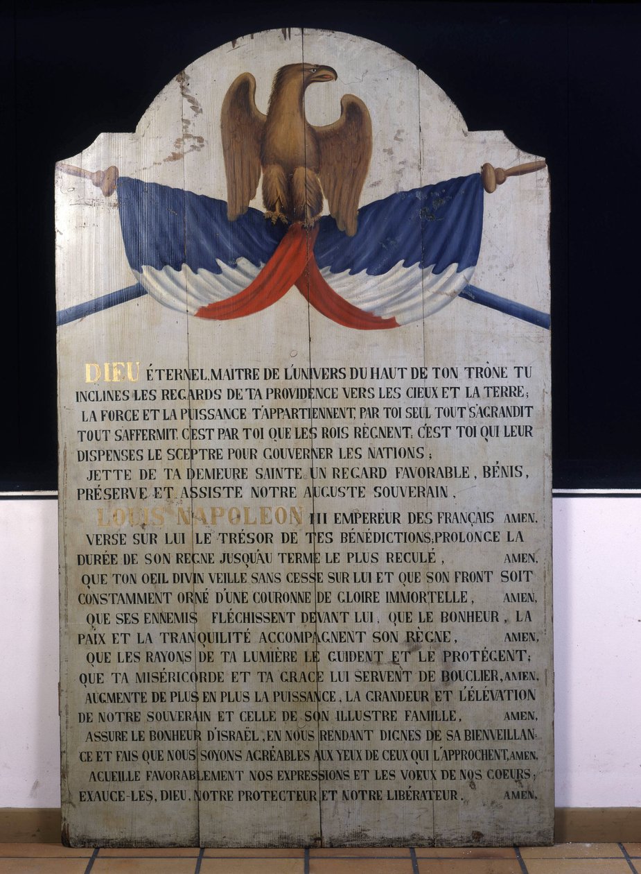 Indskrift på træ: Jødisk bøn på fransk for kejser Napoleon III. 1800-tallets Alsace af Jewish School