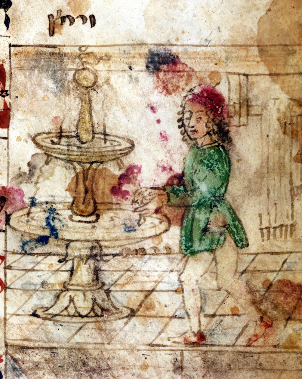 Jødedom: rituel afvaskning. Miniature taget fra en side af en Machazor på hebraisk. 15. århundrede. Biblioteca Palatina, Parma af Jewish School