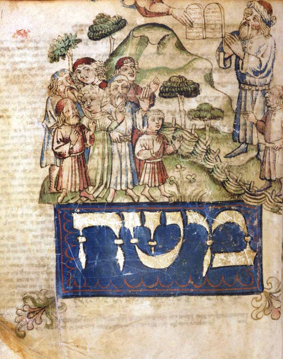 Moses modtager lovens tabeller (og Moses skriver på hebraisk). Miniaturer fra en hebraisk bibel fra det 14. århundrede. hebraisk museum af Jewish School
