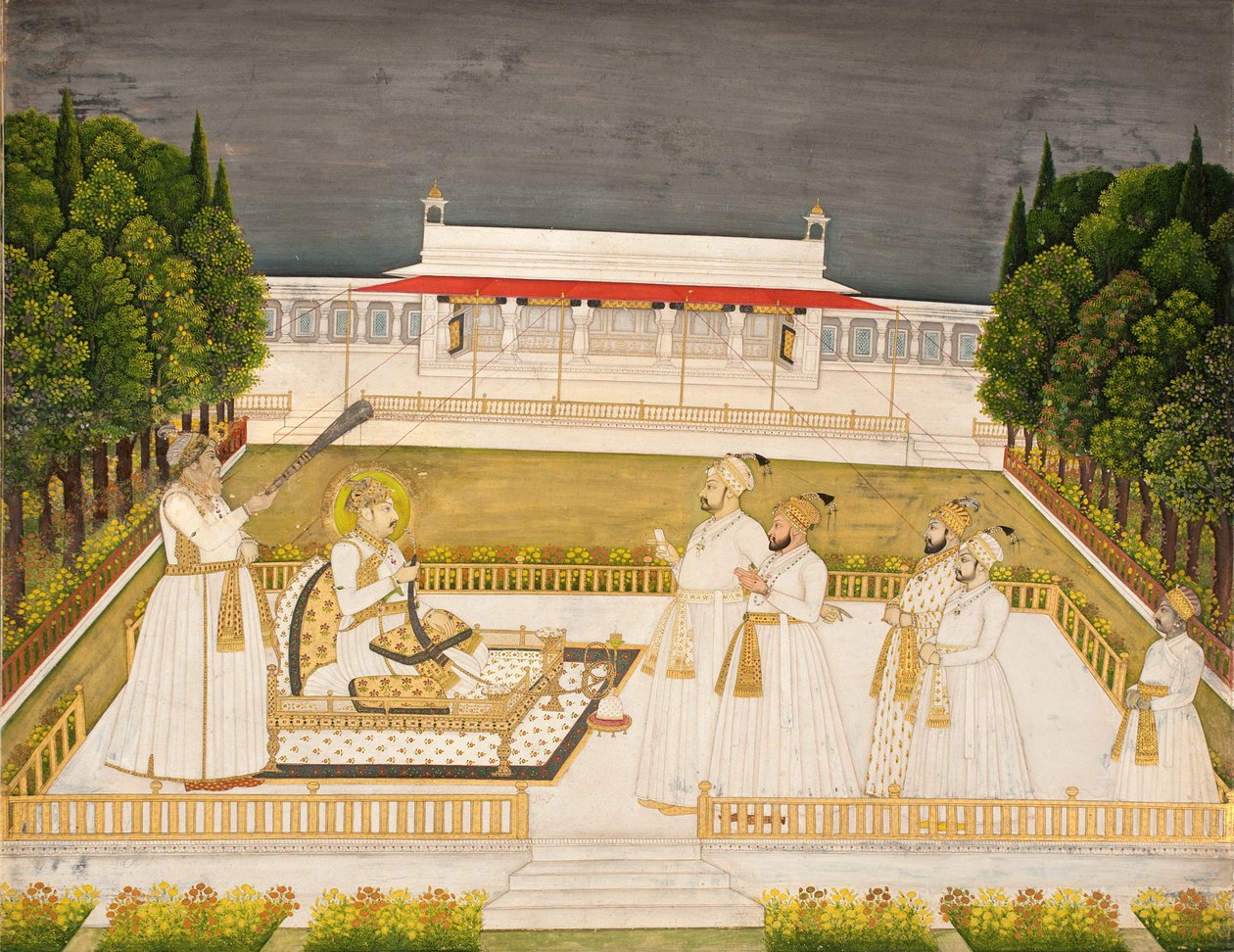 Muhammad Shah tronede på en terrasse om natten med sine officerer, ca. 1735 (ugennemsigtig wc og guld på papir) af Jharokha Nidha Mal