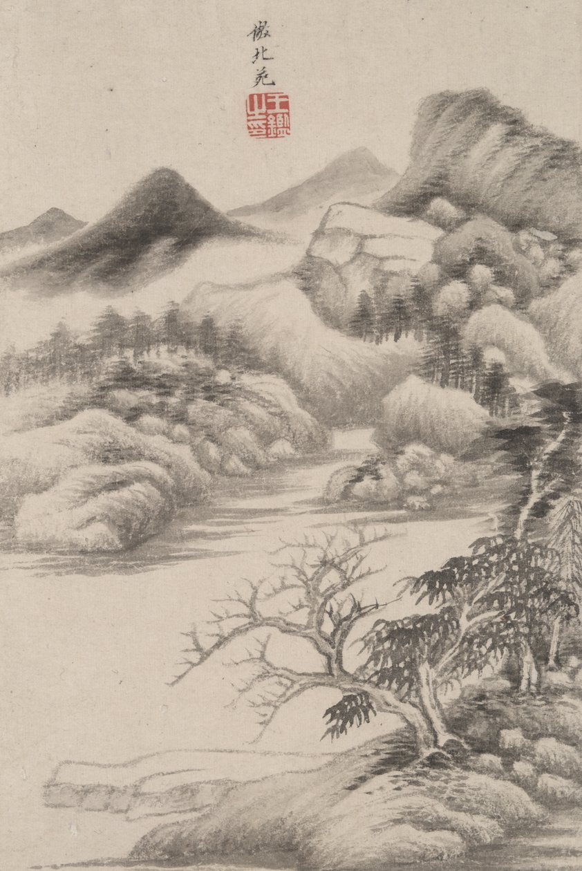 Landskab i stil med forskellige gamle mestre: I stil med Dong Yuan, 1669 (blæk og farve på papir) af Wang Jian