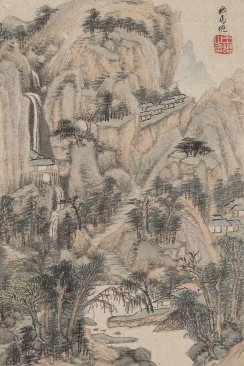 Landskab i stil med forskellige gamle mestre: I stil med Ma Wan, 1669 (blæk og farve på papir) af Wang Jian