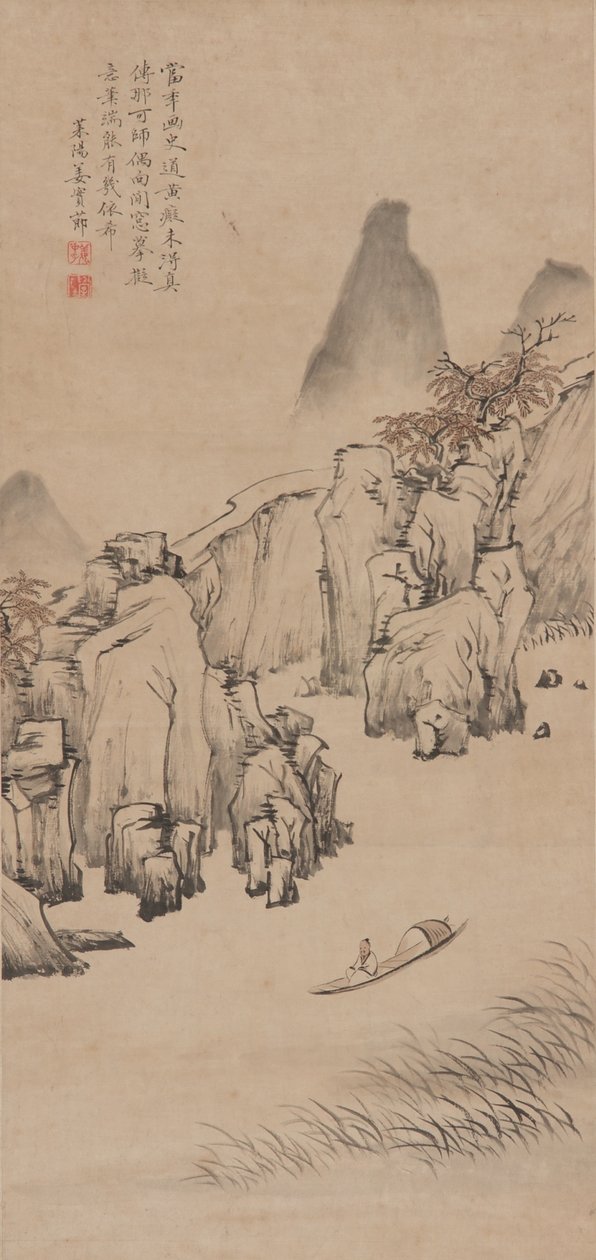 Flodlandskab med mand i en båd, Qing-dynastiet, slutningen af det 17.-begyndelsen af det 18. århundrede (blæk og farve på papir) af Jiang Shijie