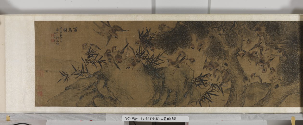Et hundrede fugle (blæk og farver på silke) af Jiang (after) Tingxi