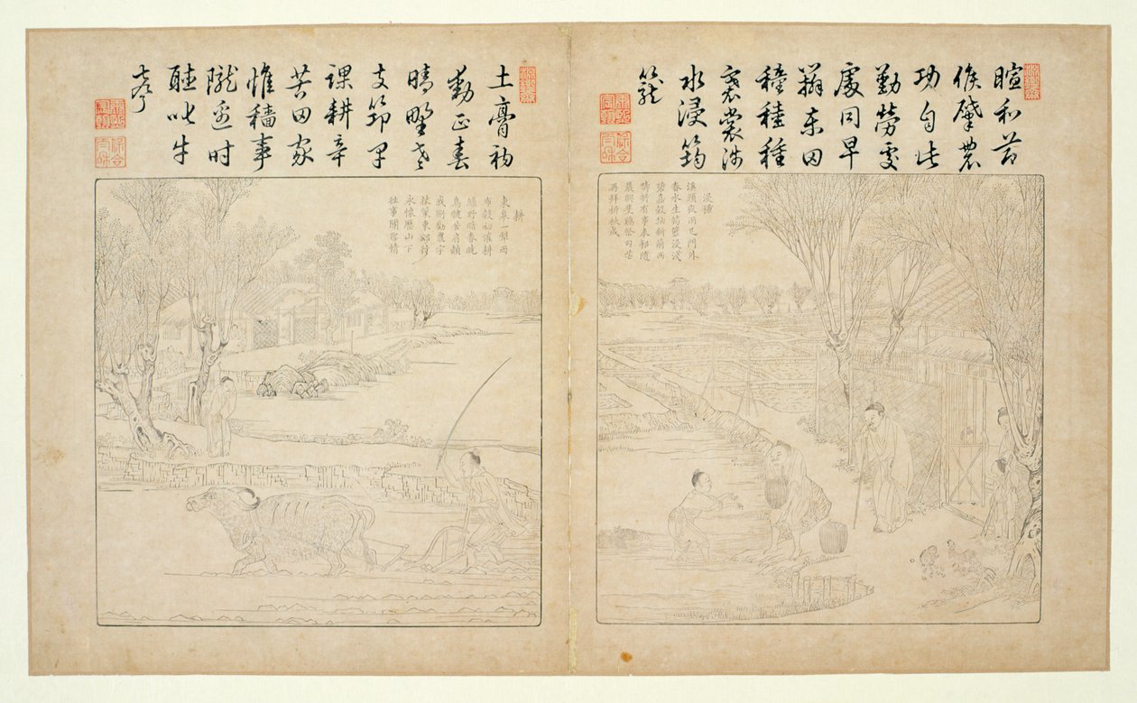 Yuzhi gengzhi tu (Tilling and Weaving Illustrated) 1696 (træbloktryk) af Jiao Bingzhen