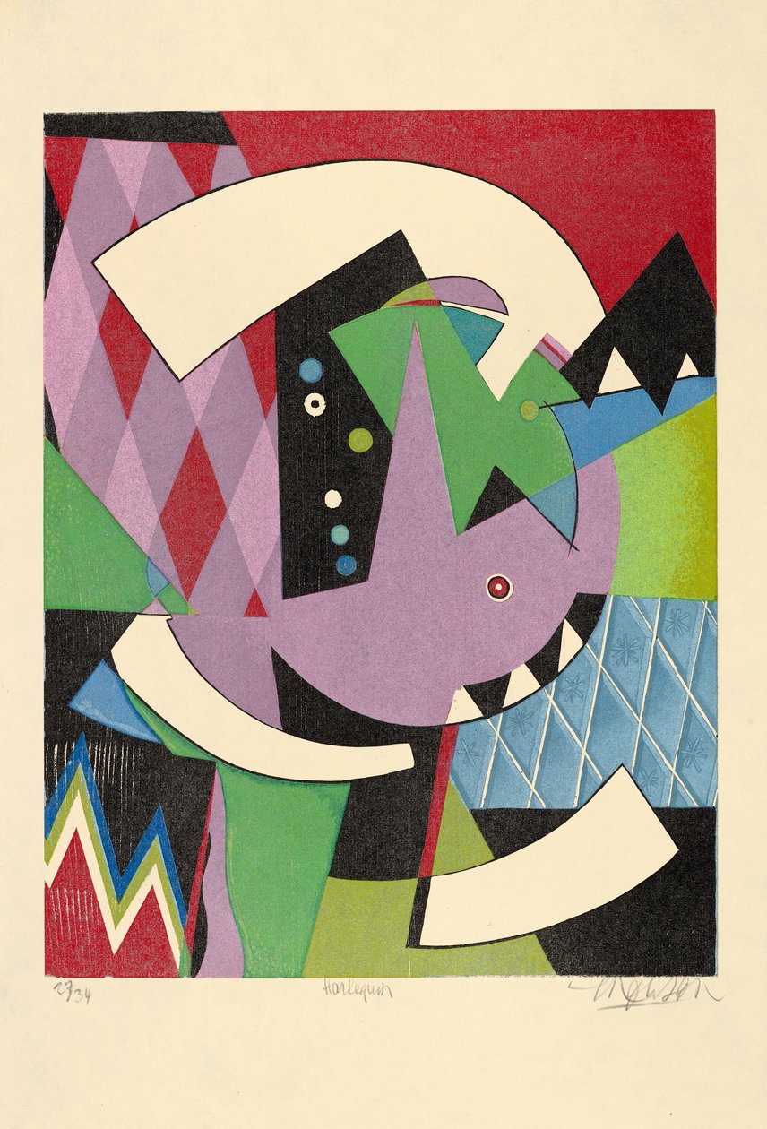 Harlekin, 2017 (træsnit) af Jim Monson
