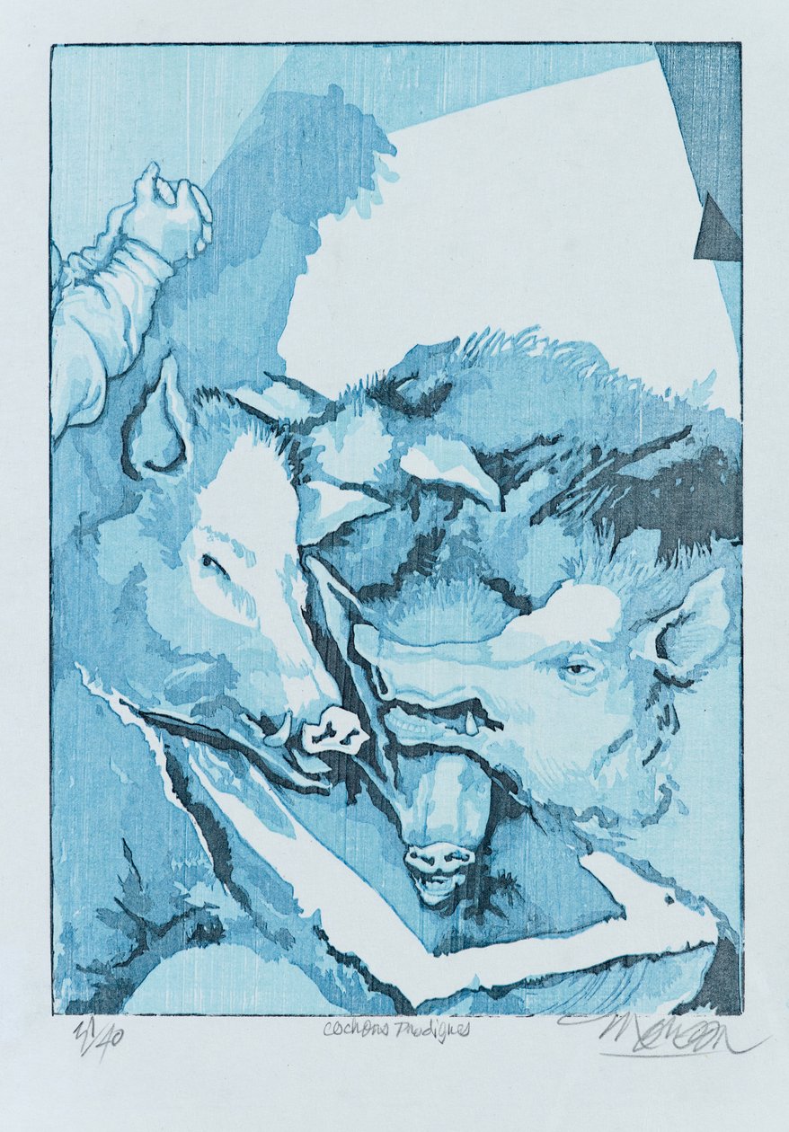 Fortabte grise, 2015 (træsnit) af Jim Monson