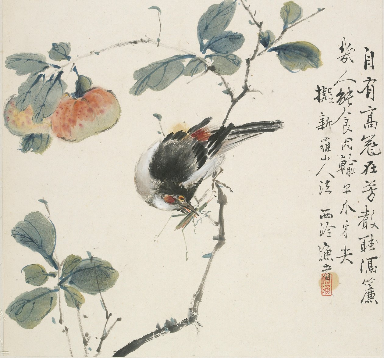 En kinesisk Hwamei spiser en græshoppe, 1857 af Jin Yuan