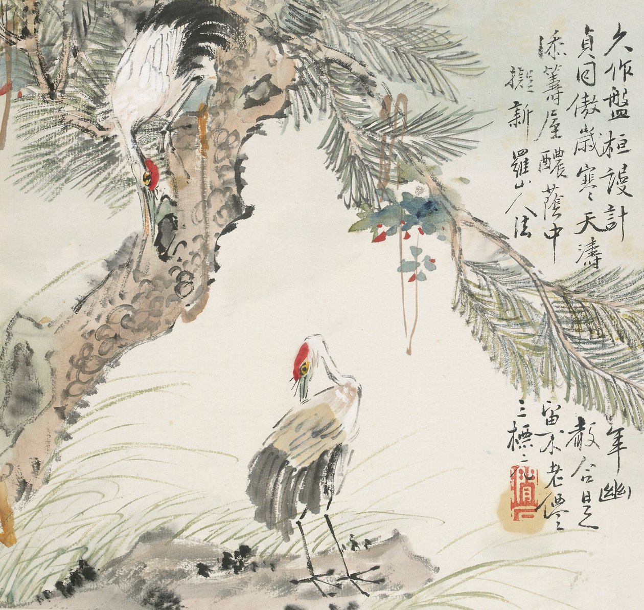 Et par kraner ved et fyrretræ, 1857 af Jin Yuan