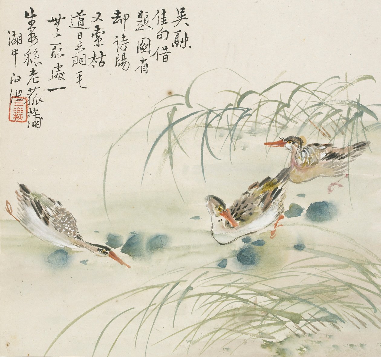 Tre ænder svømmer i en pool, 1857 af Jin Yuan