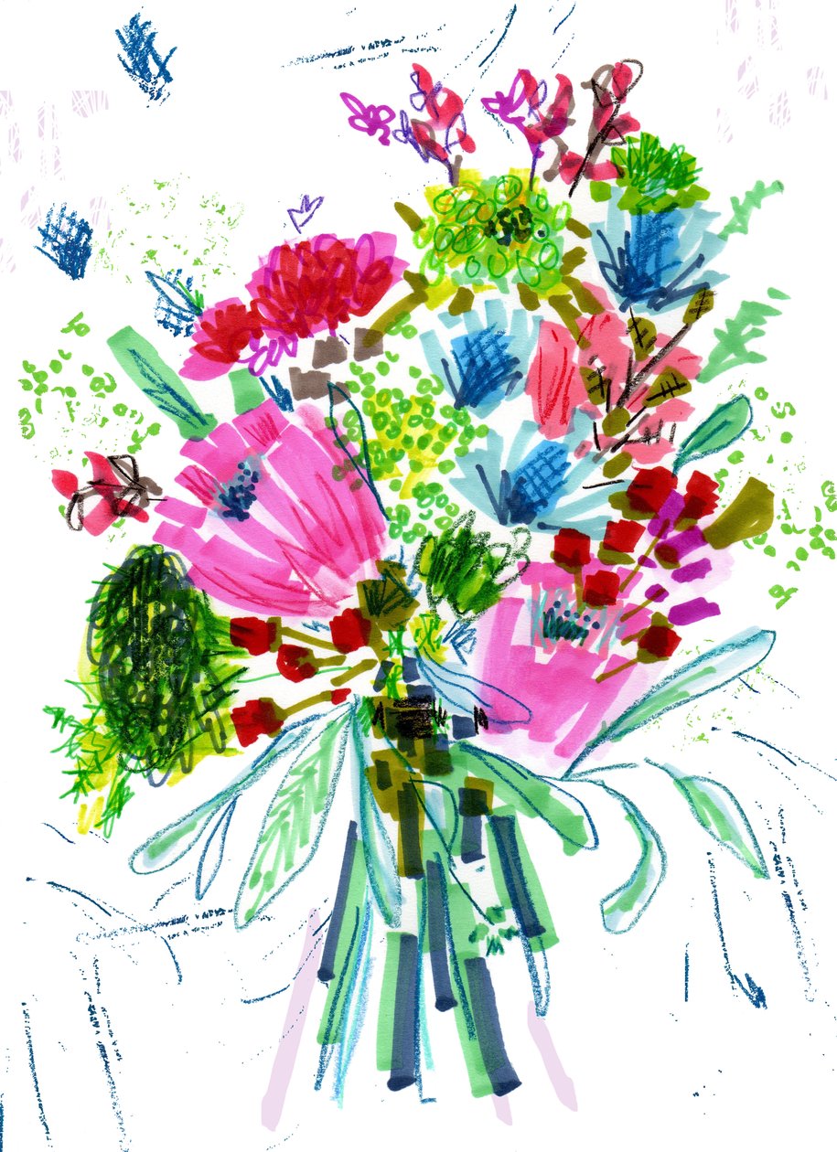 Buket. 2014 (pen og blæk, farveblyant på papir) af Jo Chambers