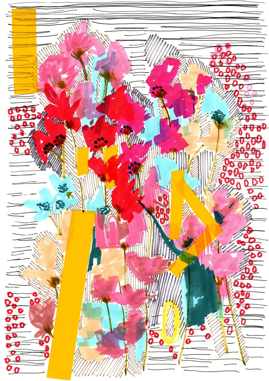 Floral Doodle 3, 2013 (pen, blæk, collage og papir) af Jo Chambers