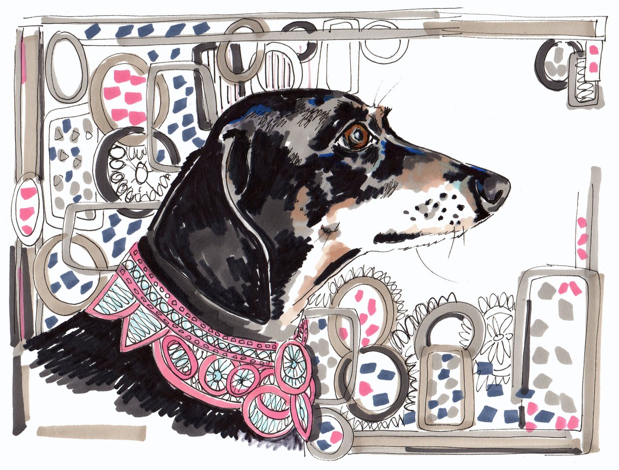 Lacey Gravhunden, 2013, (pen, blæk på papir) af Jo Chambers