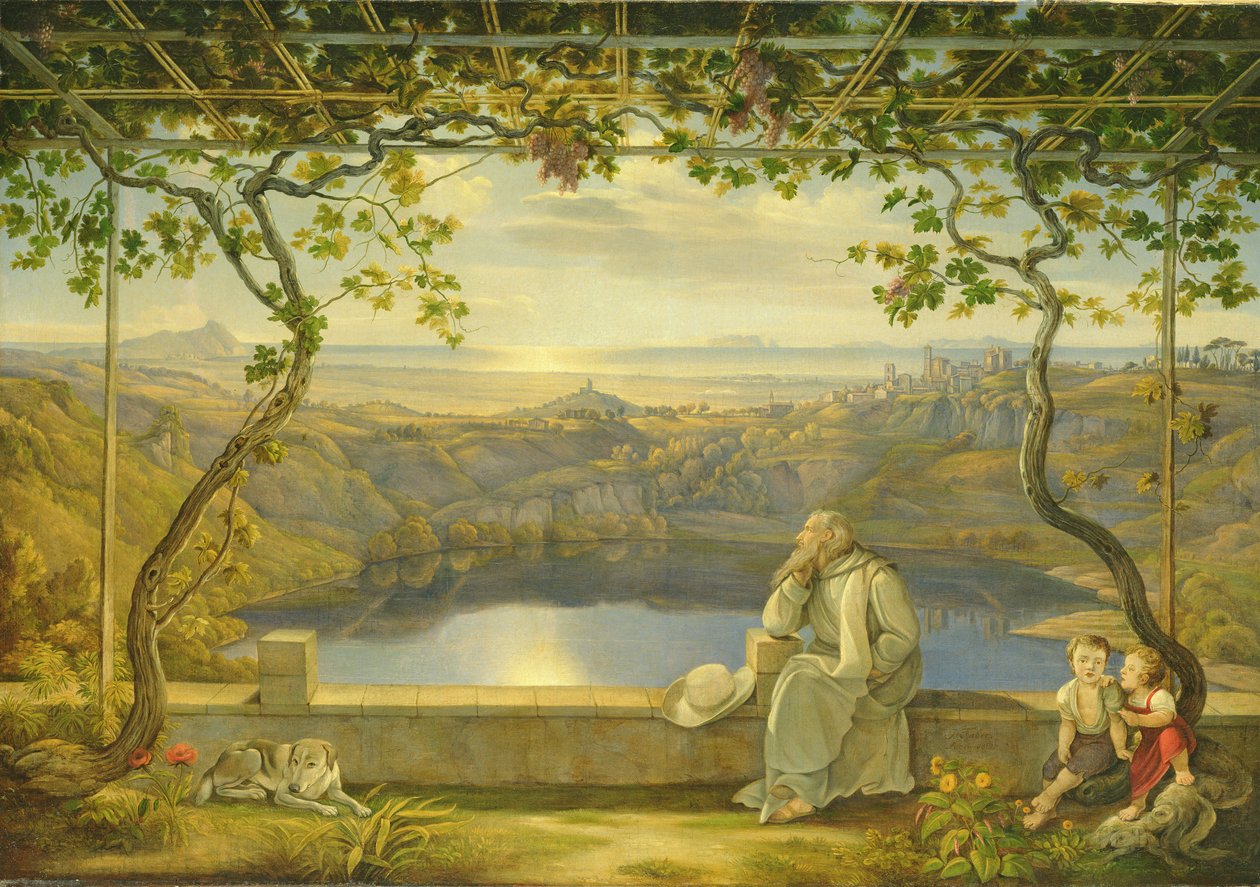 En munk på en terrasse ved Nemi-søen, 1818 af Joachim Faber