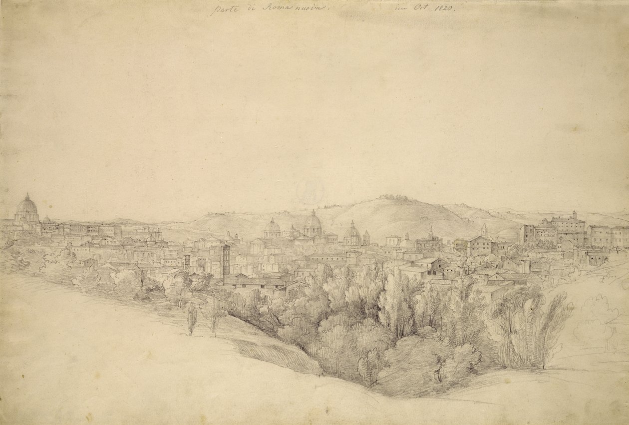 Udsigt fra Sabine-bakkerne over Tivoli i Campania med Anion-kløften til højre (blyant med sepia-vask på papir) af Joachim Faber