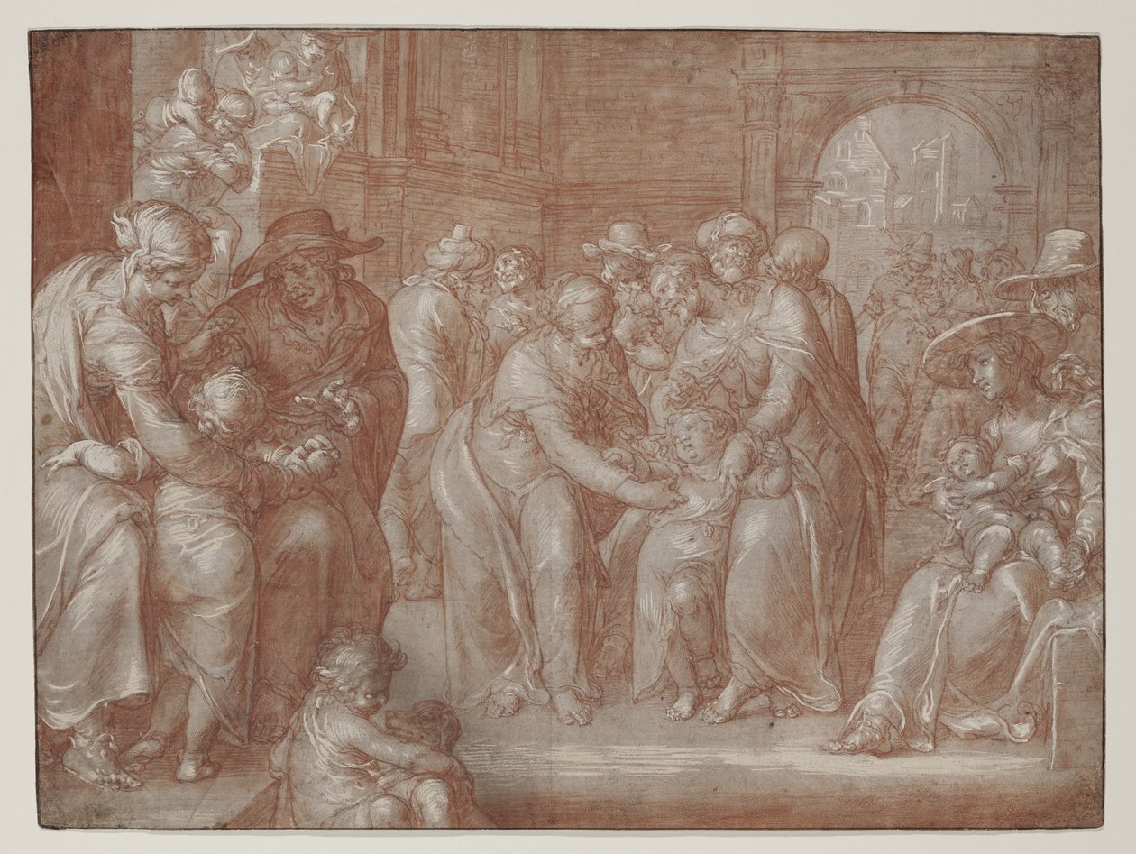 Lad de små børn komme til mig, ca. 1621 (rødt kridt over sort kridt, forhøjet med hvidt på papir) af Joachim Wtewael or Utewael