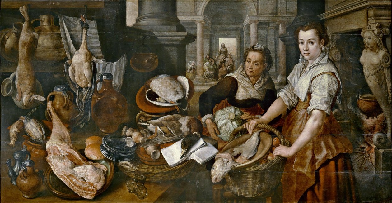 Spansk:  Cristo en casa de Marta y María Kristus hjemme hos Martha og Maria af Joachim Beuckelaer