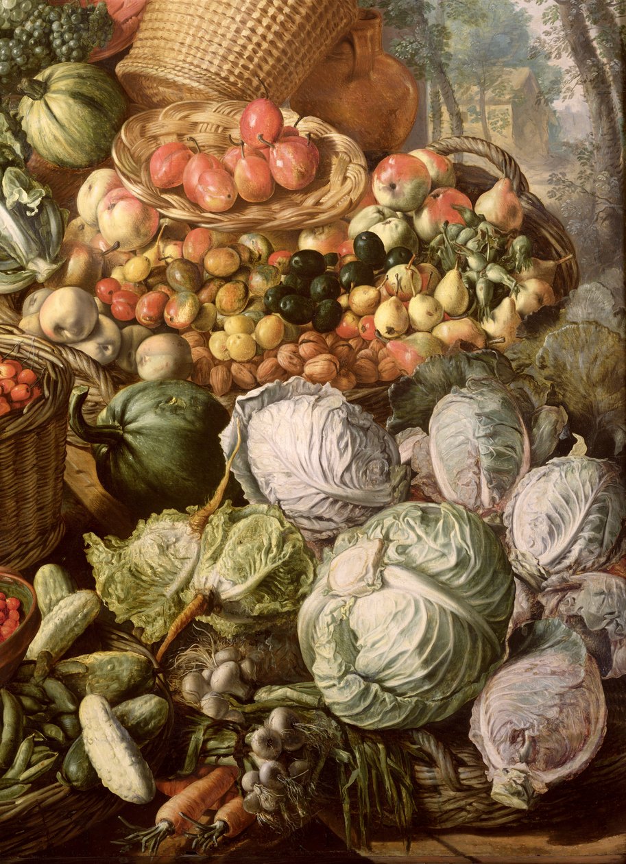 Detalje af stilleben med frugt, grøntsager og en markedskvinde, 1564 (olie på (se 247452 og 247450) af Joachim Beuckelaer