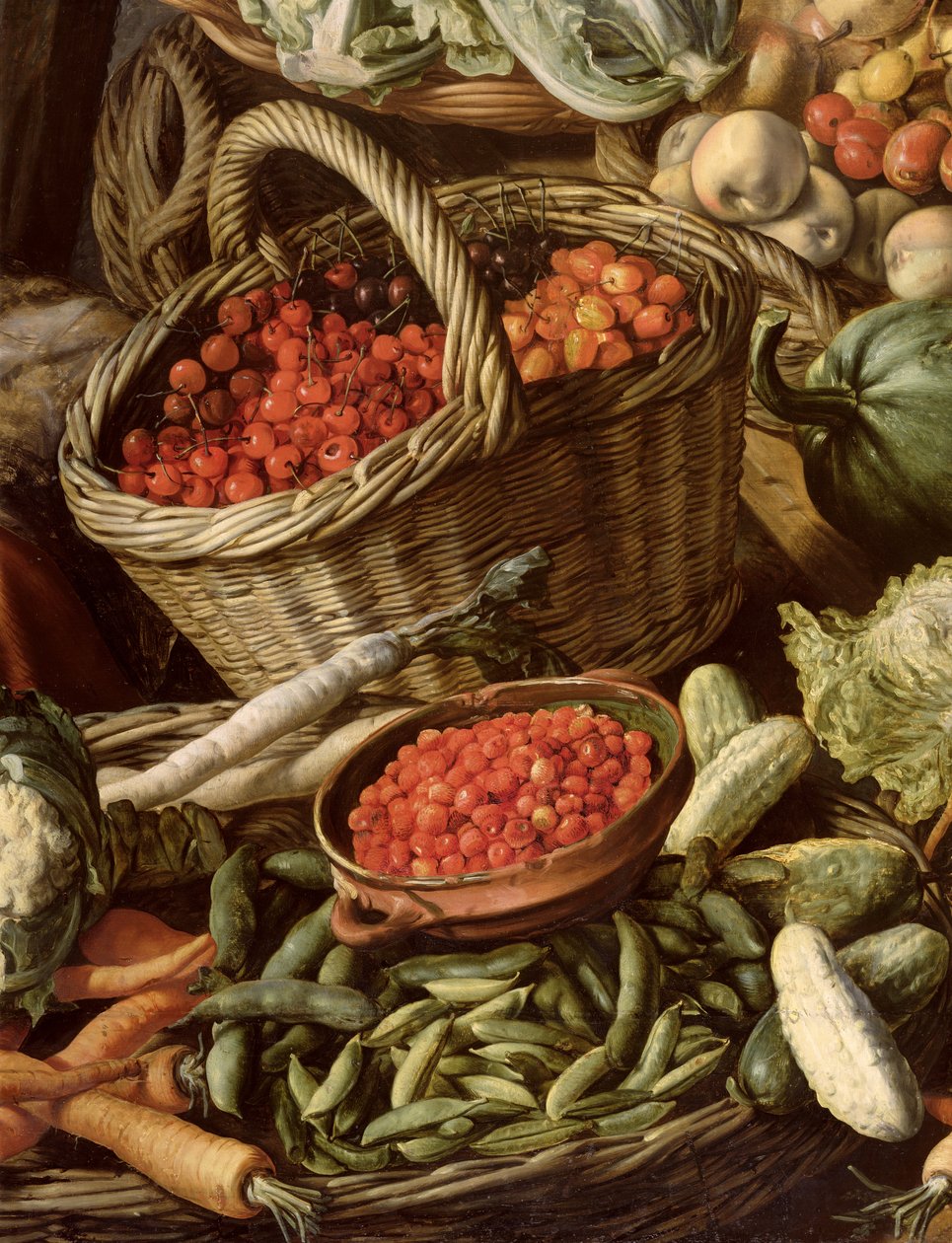 Detalje af stilleben med frugt, grøntsager og en markedskvinde, 1564 (se 247452 og 247451) af Joachim Beuckelaer