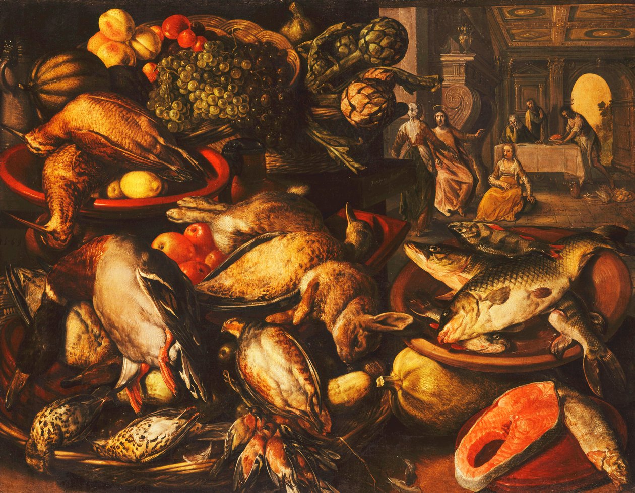 Vildt, fisk, frugt og grøntsager i kurve og skåle i et spisekammer, 1569 af Joachim Beuckelaer