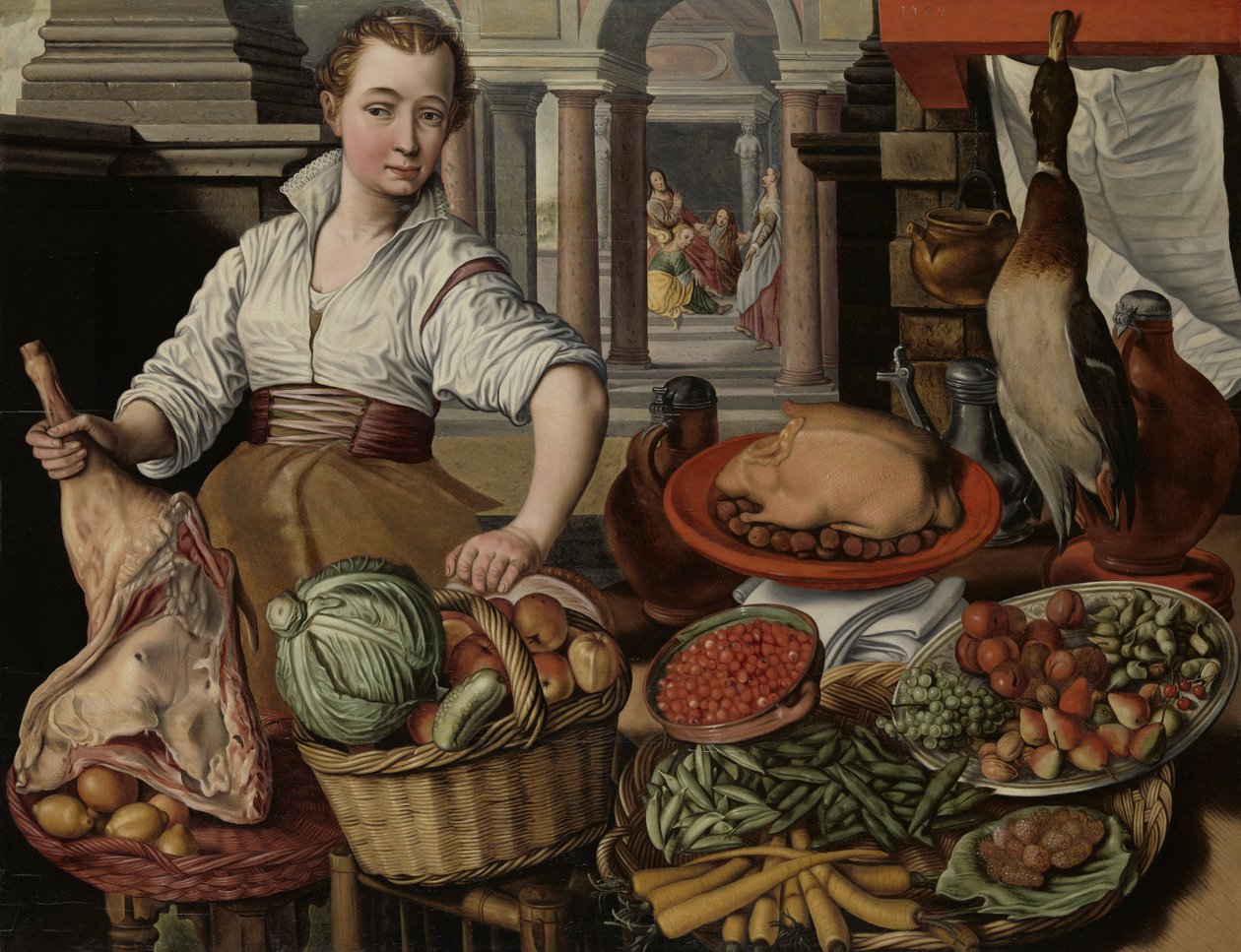 Køkkenscene, med Jesus i Marthas og Marias hus i baggrunden, 1569 af Joachim Beuckelaer
