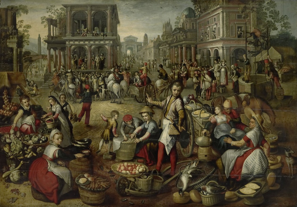 Markedsplads med flagelation, Ecce Homo og korsbæring i baggrunden, 1550-90 af Joachim Beuckelaer
