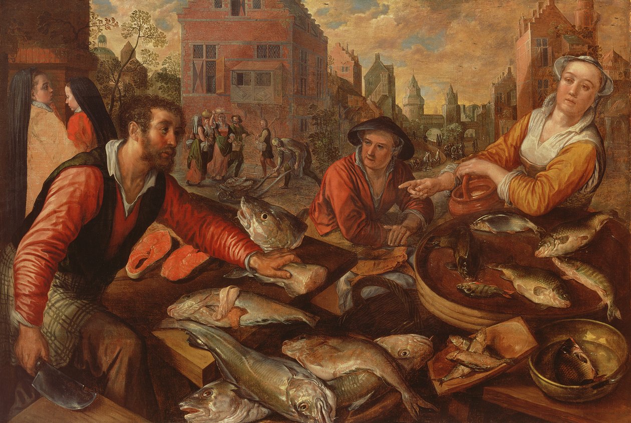 Fiskemarkedet (olie på lærred) af Joachim Beuckelaer or Bueckelaer