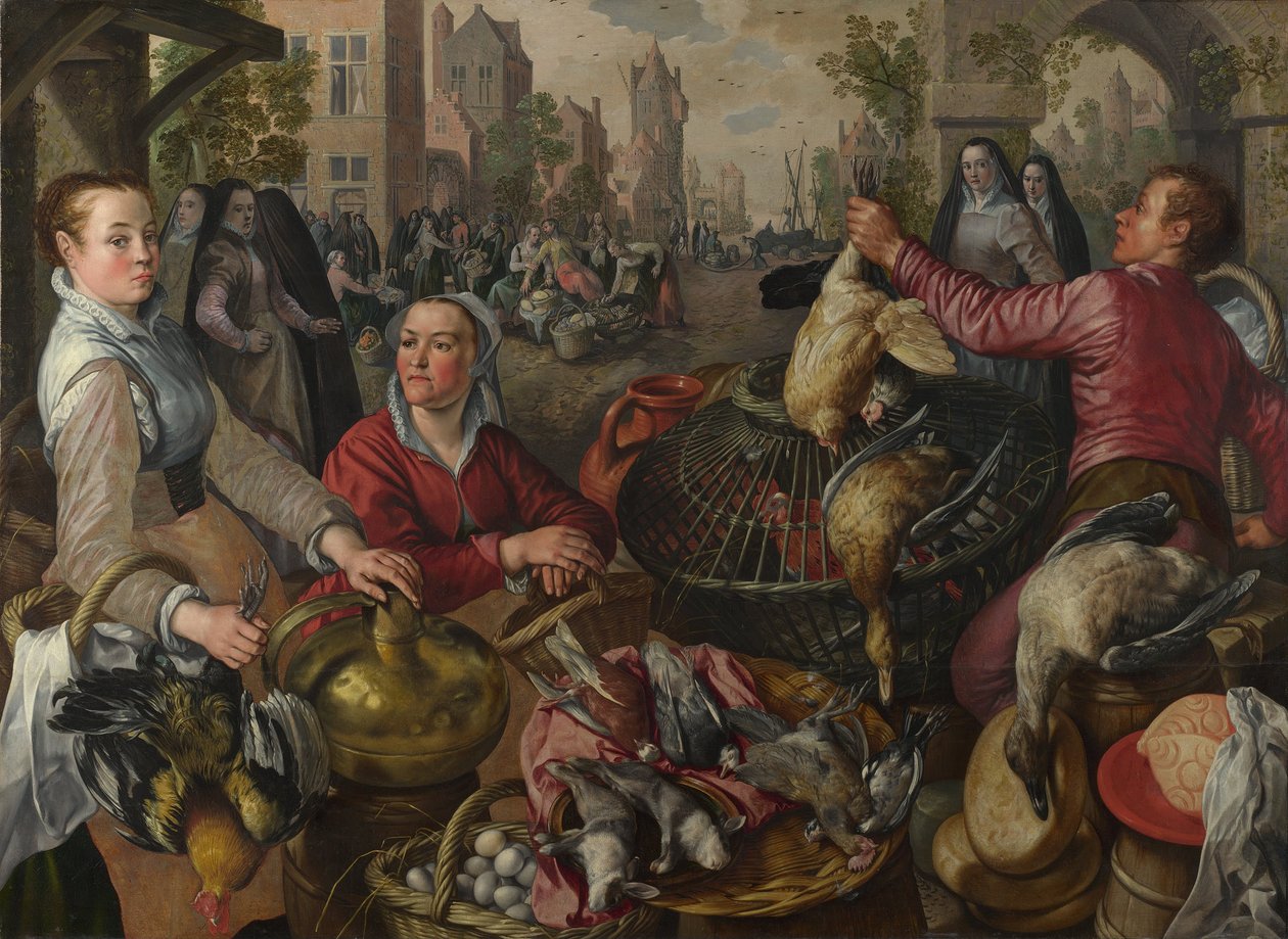 De fire elementer: En fjerkræbod i en by med den fortabte søn hinsides - en allegori om luft, 1569 af Joachim Beuckelaer