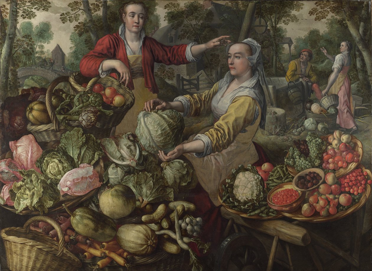 De fire elementer: Jorden. Et frugt- og grøntsagermarked med flugten til Egypten i baggrunden - af Beuckelaer (Beuckelaer), Joachim (1533-1574) - 1569 National Gallery, London af Joachim Beuckelaer
