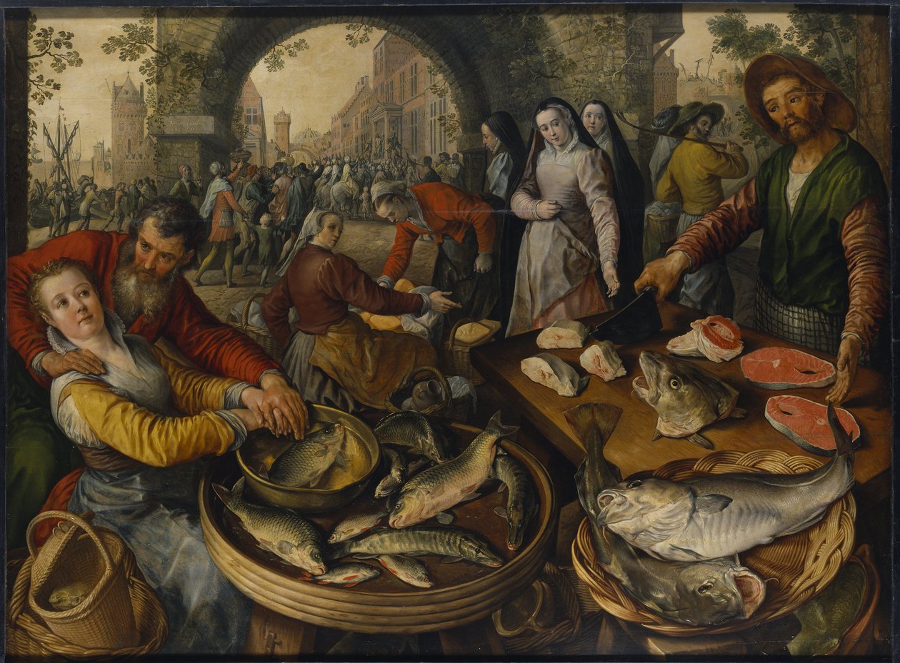 Et fiskemarked med scene fra Ecce Homo - Et fiskemarked med Ecce Homo, af Beuckelaer, Joachim (ca. 1533-1574). olie på træ af Joachim Beuckelaer