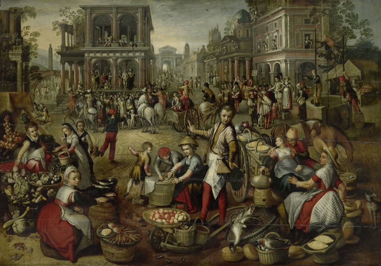 Markedsplads med flagelation, Ecce Homo og korsbæring i baggrunden af Joachim Bueckelaer (copy after)