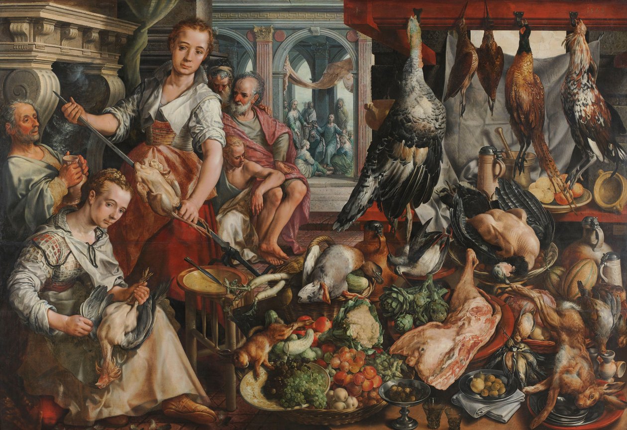 Det velassorterede køkken med Jesus i Marthas og Marias hus i baggrunden af Joachim Bueckelaer