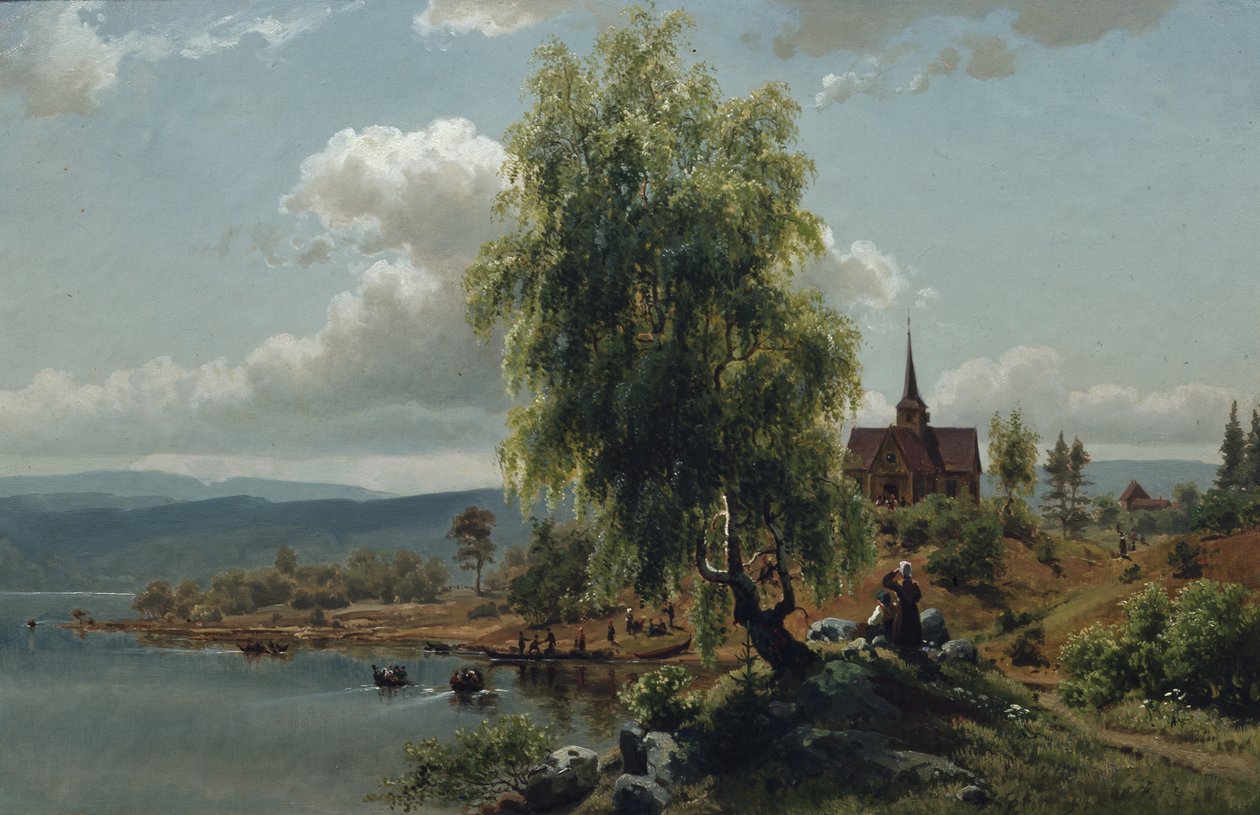 Kirke på fjorden (olie på lærred) af Joachim Frich