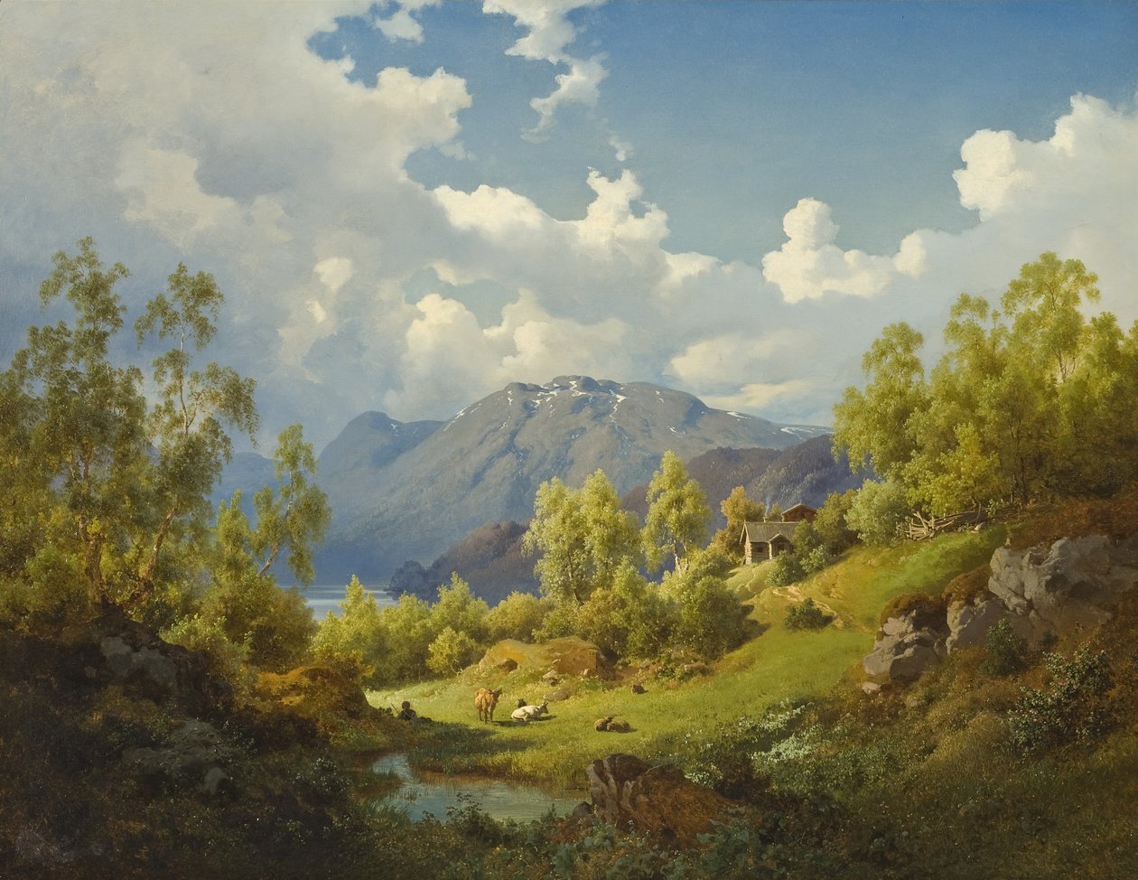 Landskab, Motiv fra Nummedalen i Norge, 1850 af Joachim Frich