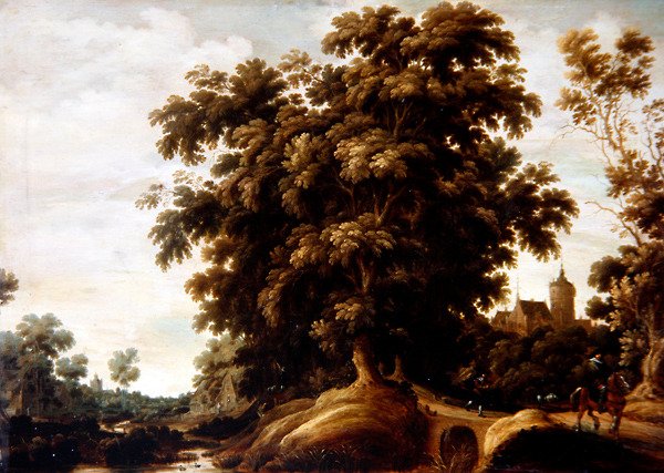 Et flodlandskab med figurer og en landsby hinsides (olie på panel) af Joachim Govertsz Camphuysen
