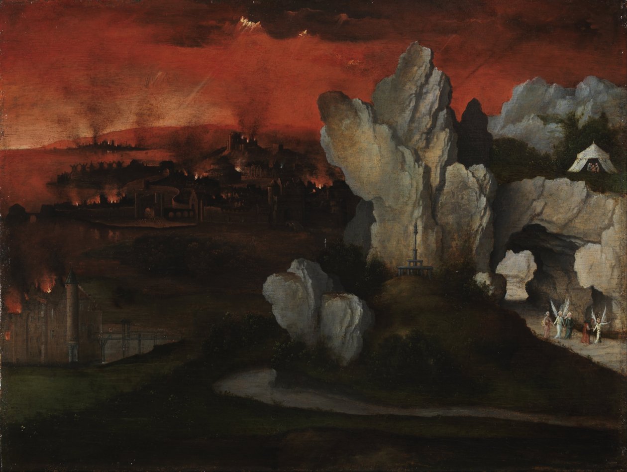 Landskab med ødelæggelsen af Sodoma og Gomorra, ca. 1520 (olie på panel) af Joachim Patinir